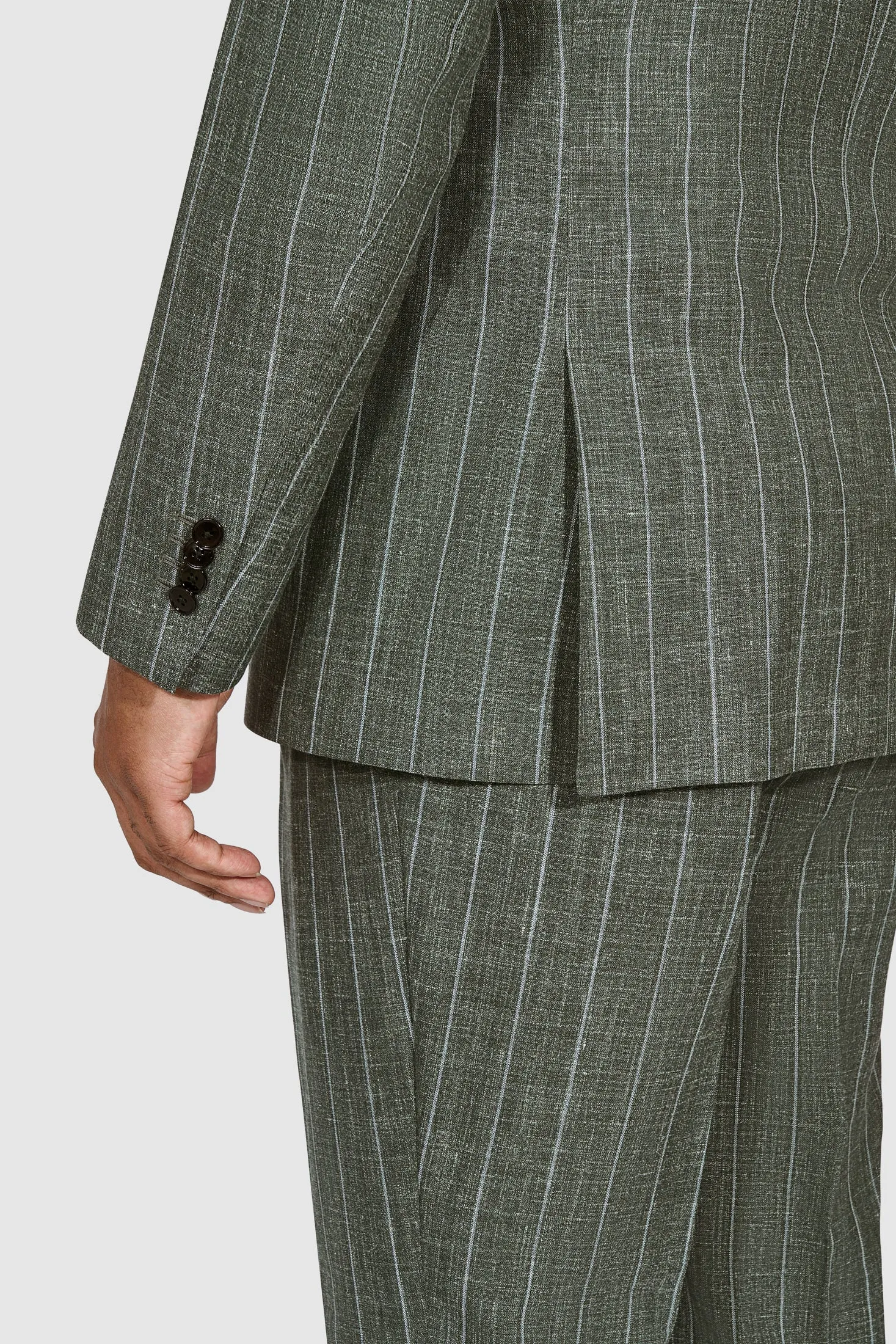 New SUITREVIEW Elmhurst Forest Green Wool, Silk, Linen Loro Piana Blue Stripe DB Suit - Size 38R (Other Sizes Made to Order)