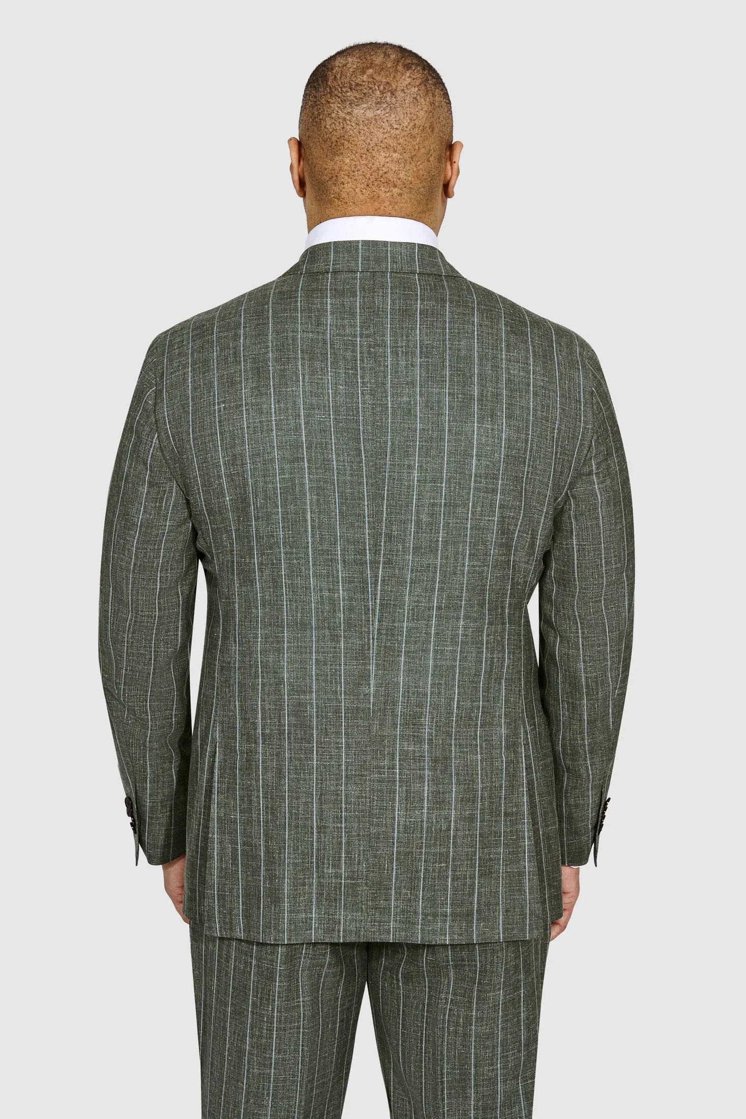 New SUITREVIEW Elmhurst Forest Green Wool, Silk, Linen Loro Piana Blue Stripe DB Suit - Size 38R (Other Sizes Made to Order)