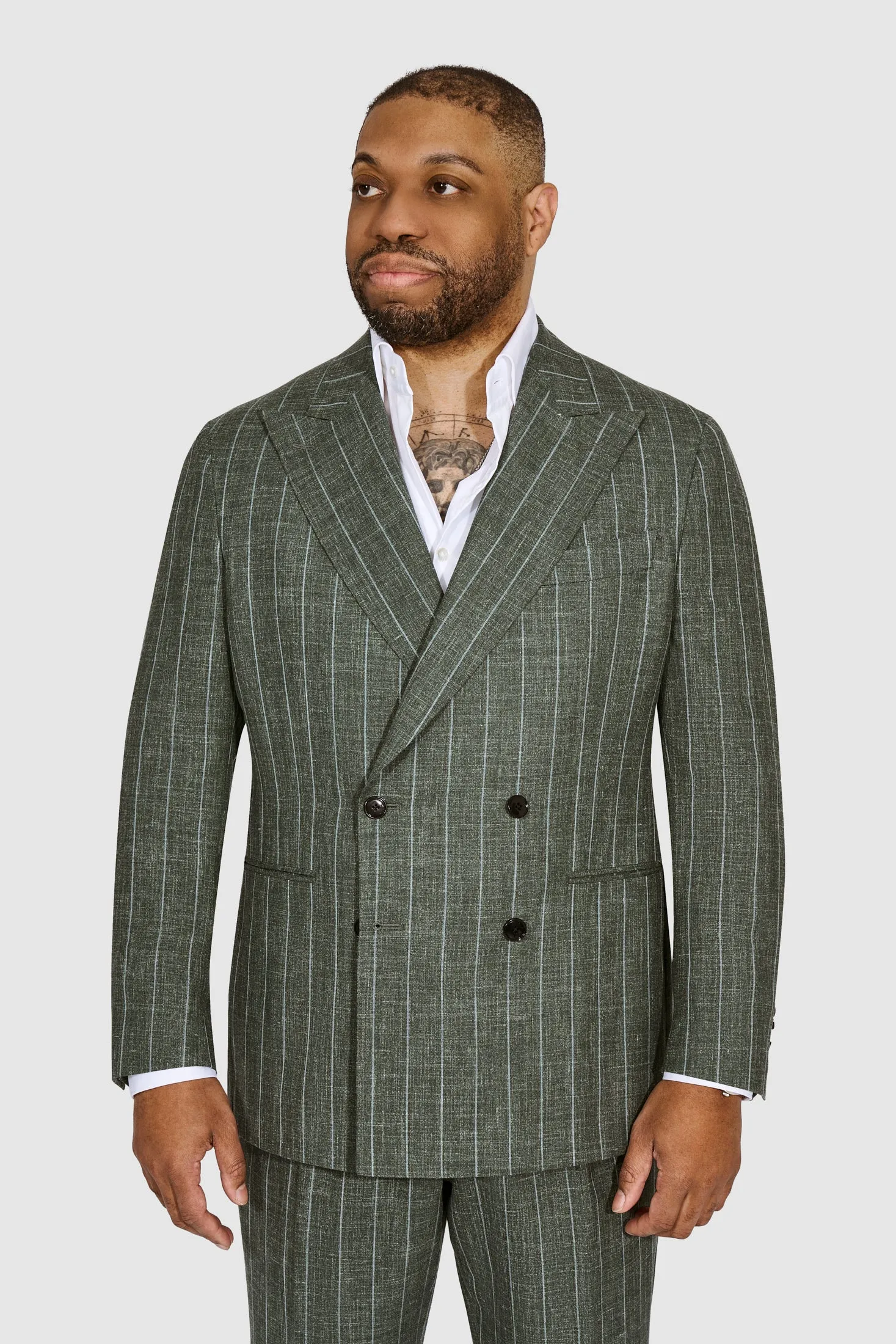 New SUITREVIEW Elmhurst Forest Green Wool, Silk, Linen Loro Piana Blue Stripe DB Suit - Size 38R (Other Sizes Made to Order)