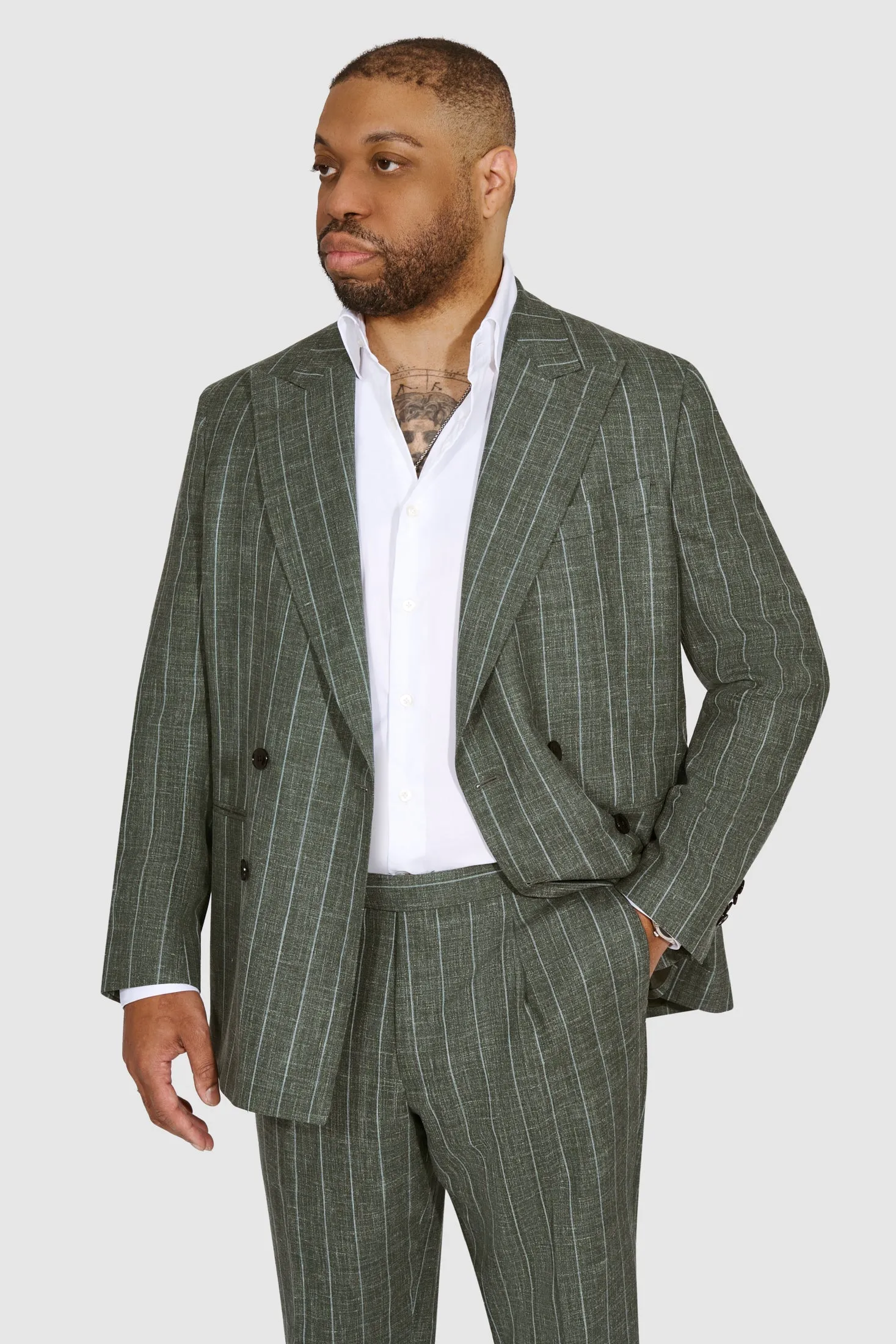New SUITREVIEW Elmhurst Forest Green Wool, Silk, Linen Loro Piana Blue Stripe DB Suit - Size 38R (Other Sizes Made to Order)