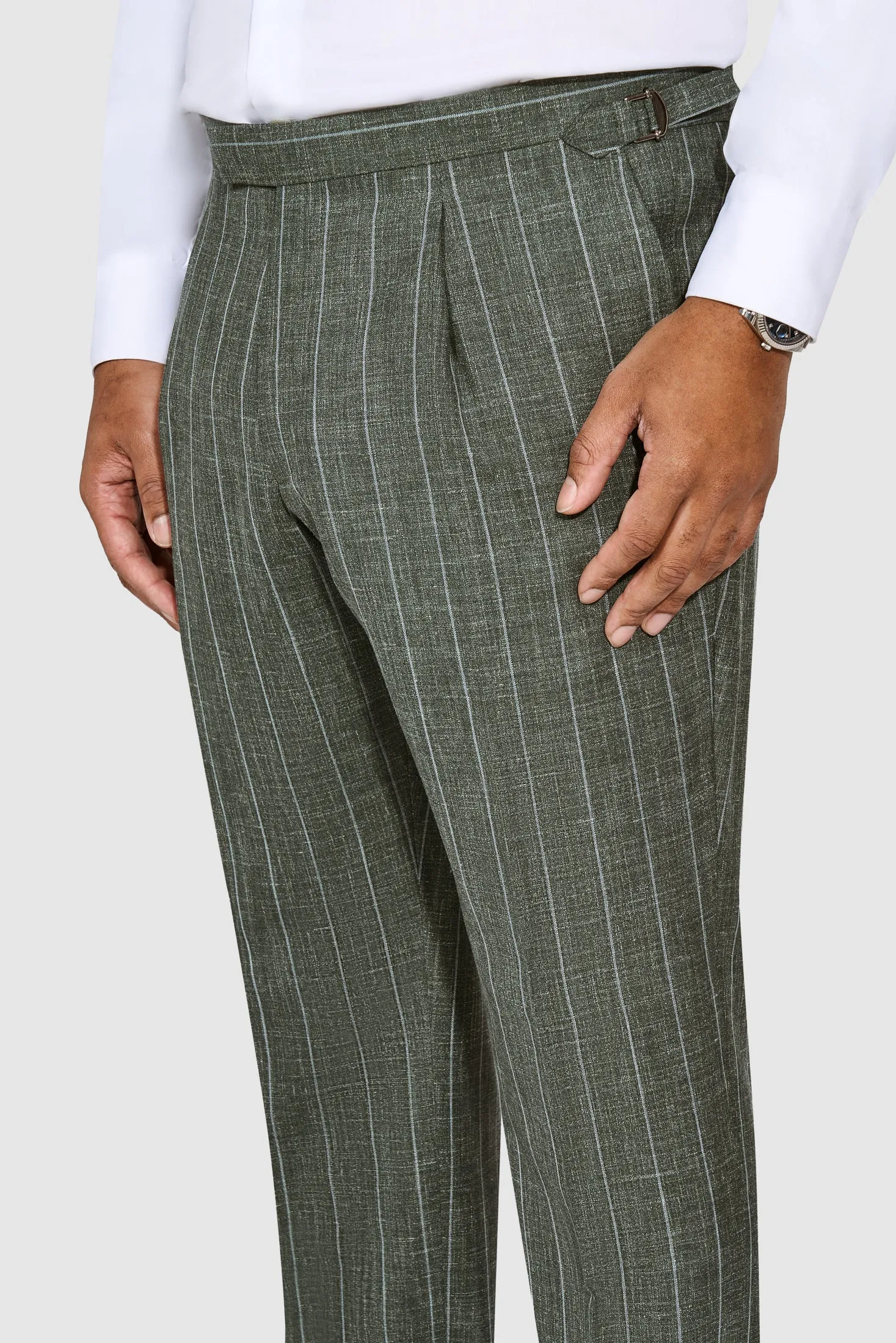 New SUITREVIEW Elmhurst Forest Green Wool, Silk, Linen Loro Piana Blue Stripe DB Suit - Size 38R (Other Sizes Made to Order)