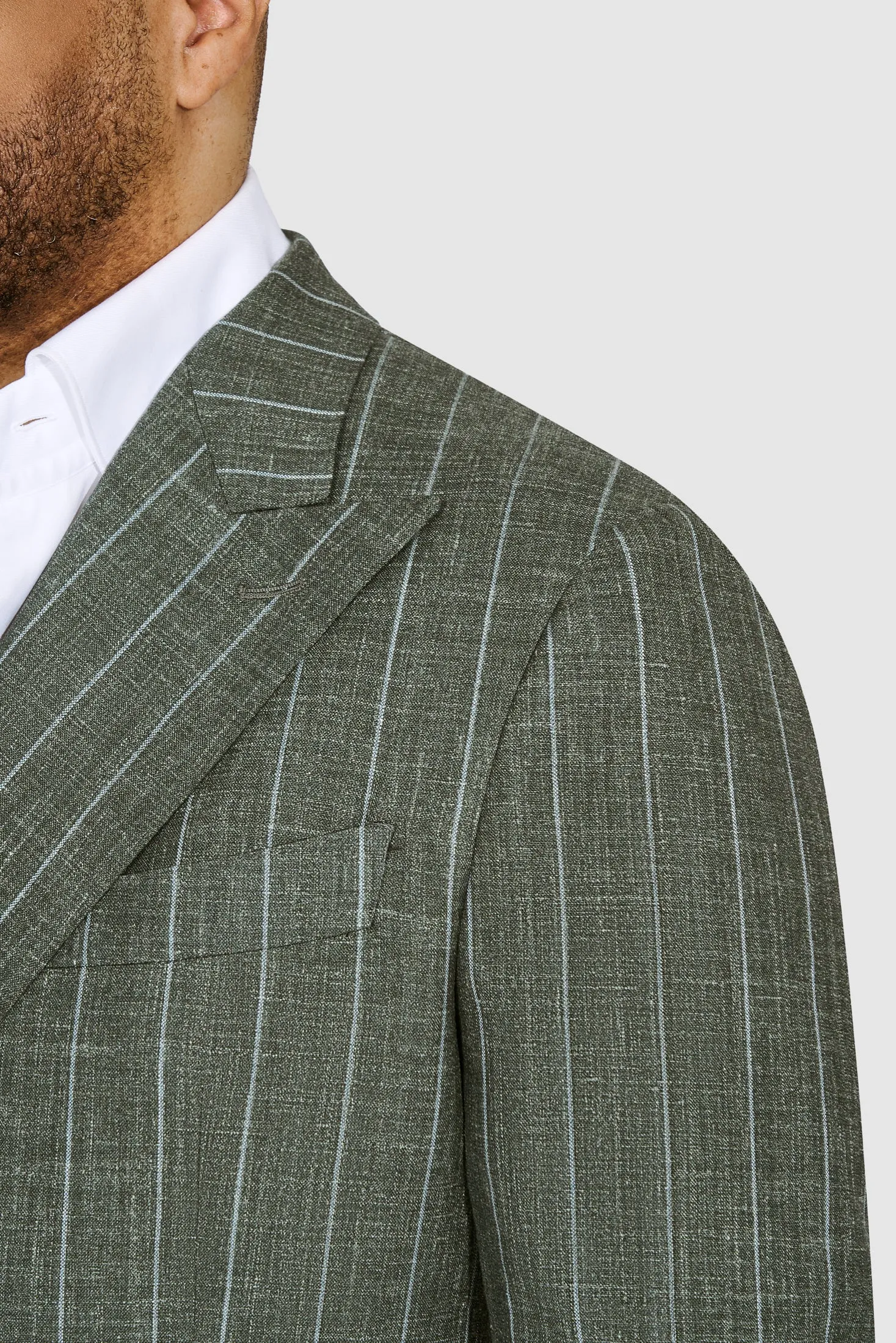 New SUITREVIEW Elmhurst Forest Green Wool, Silk, Linen Loro Piana Blue Stripe DB Suit - Size 38R (Other Sizes Made to Order)