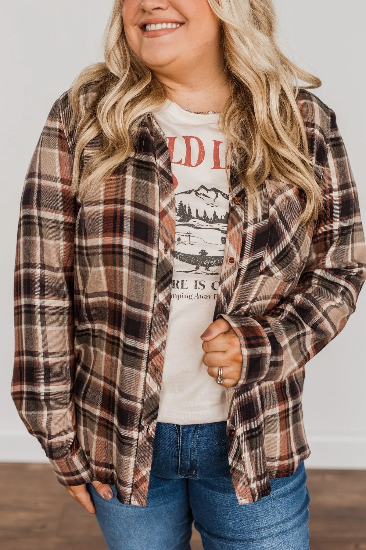 Off To The Orchard Button Down Plaid Top- Taupe & Maple