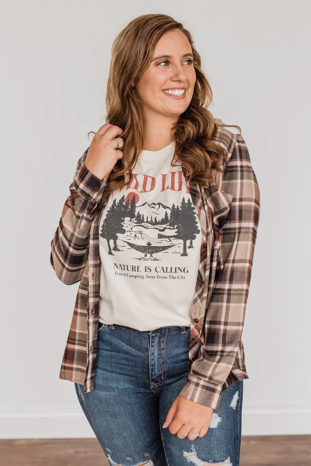 Off To The Orchard Button Down Plaid Top- Taupe & Maple