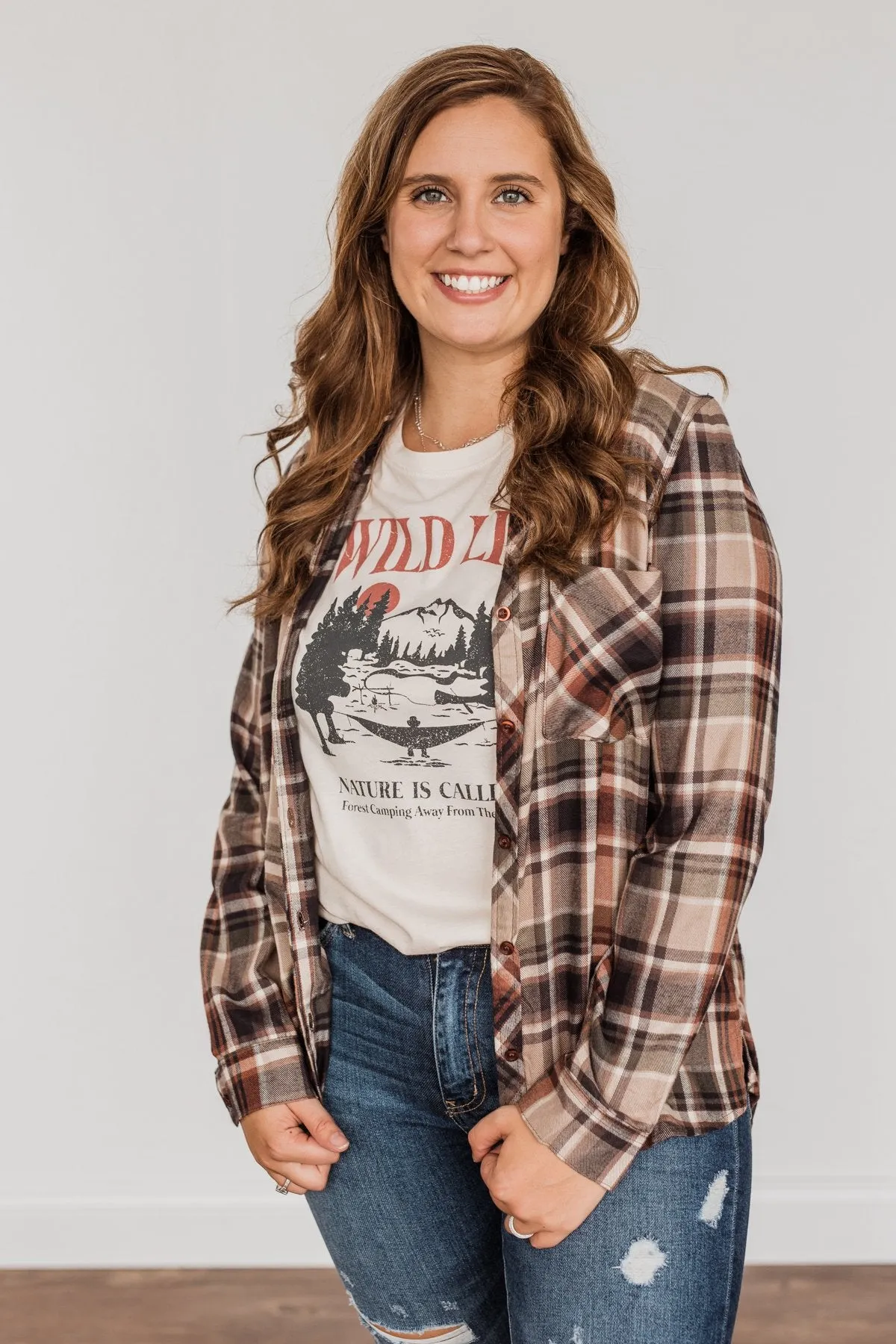 Off To The Orchard Button Down Plaid Top- Taupe & Maple