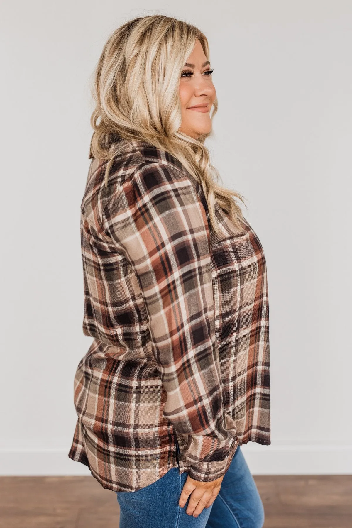 Off To The Orchard Button Down Plaid Top- Taupe & Maple