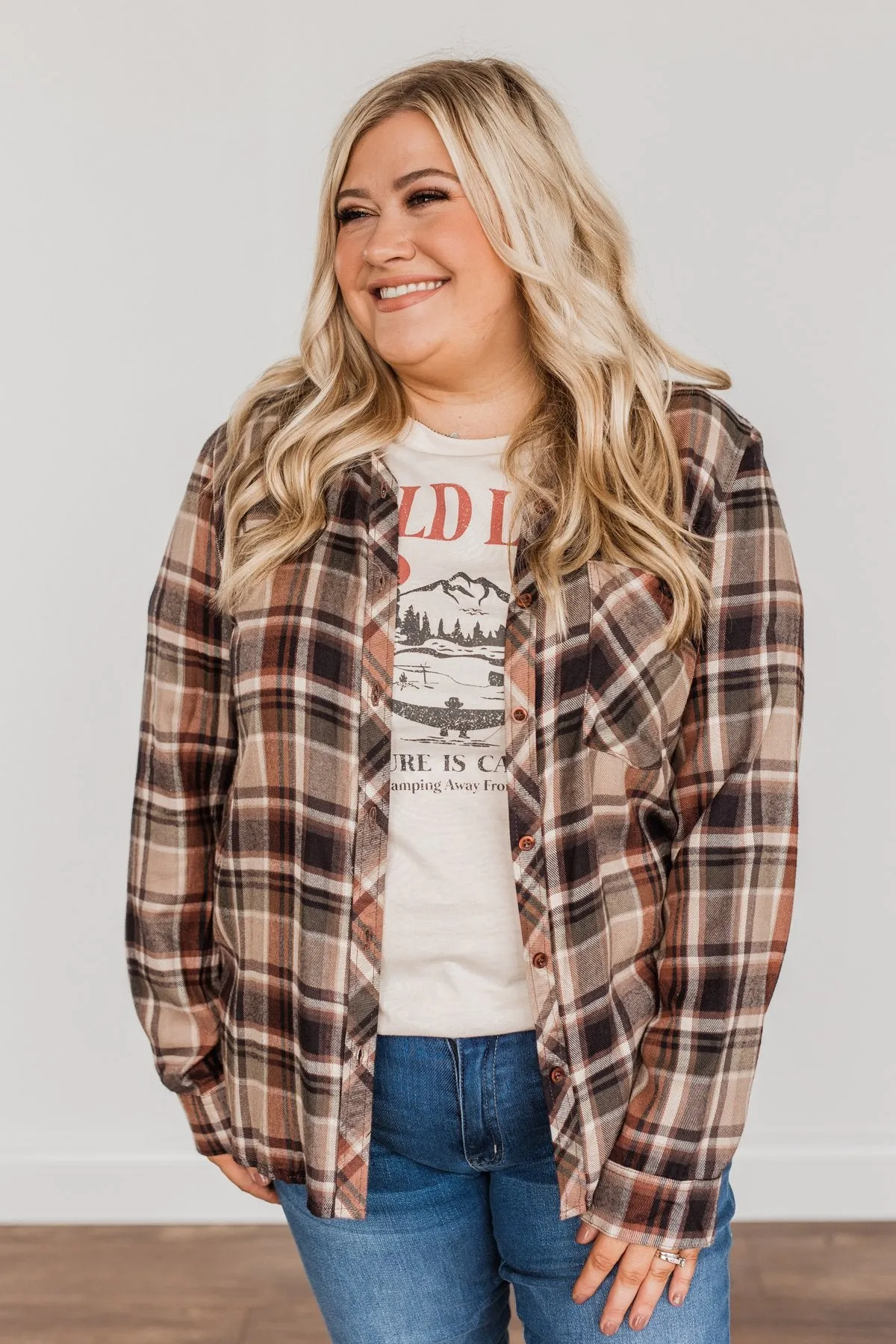 Off To The Orchard Button Down Plaid Top- Taupe & Maple