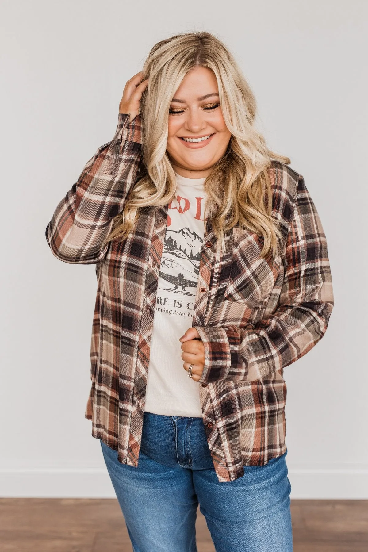 Off To The Orchard Button Down Plaid Top- Taupe & Maple