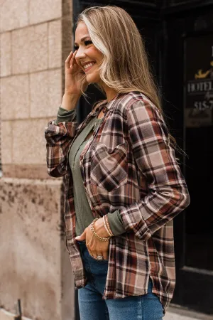 Off To The Orchard Button Down Plaid Top- Taupe & Maple