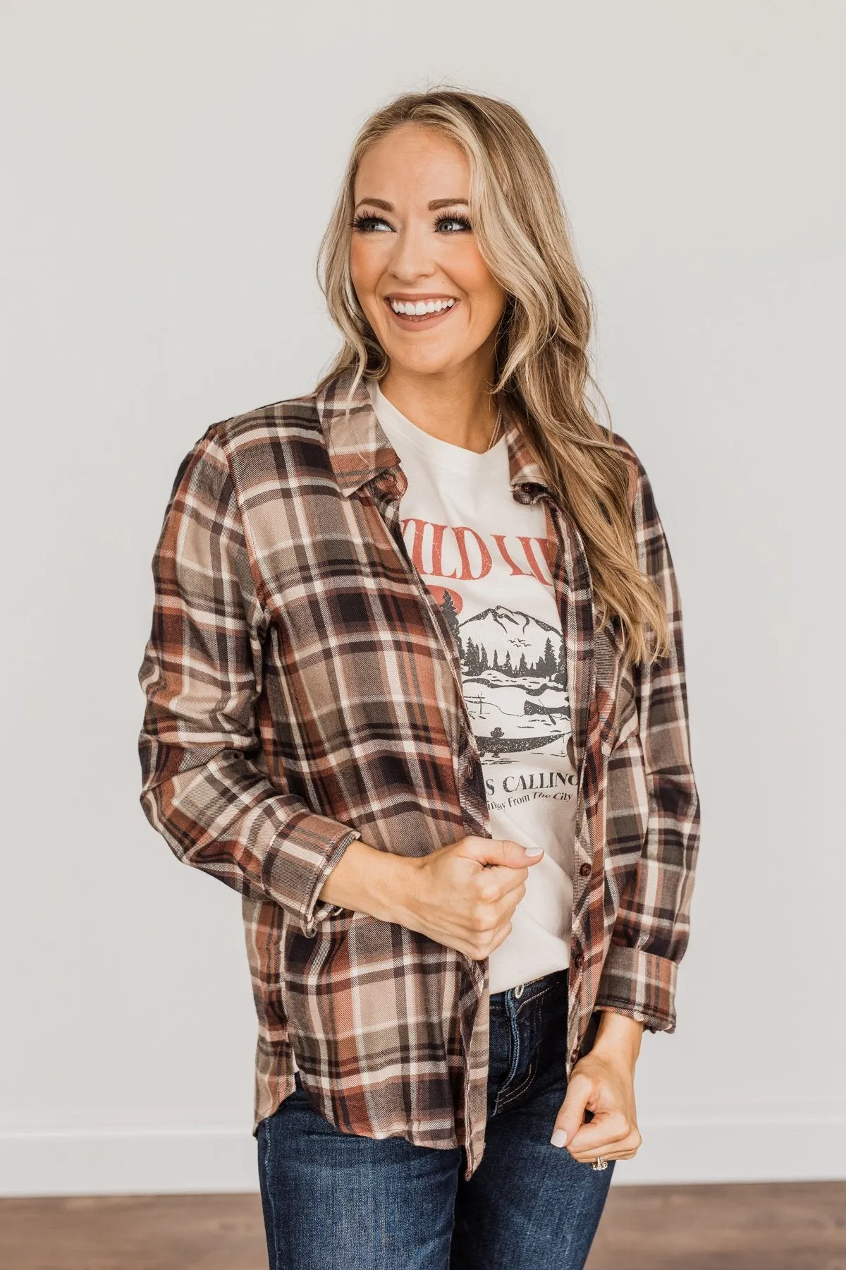 Off To The Orchard Button Down Plaid Top- Taupe & Maple
