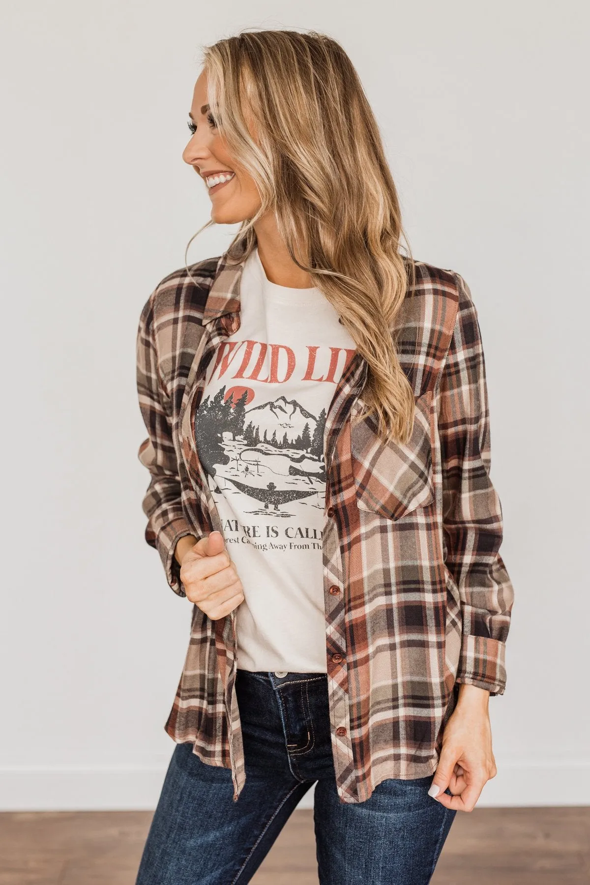 Off To The Orchard Button Down Plaid Top- Taupe & Maple