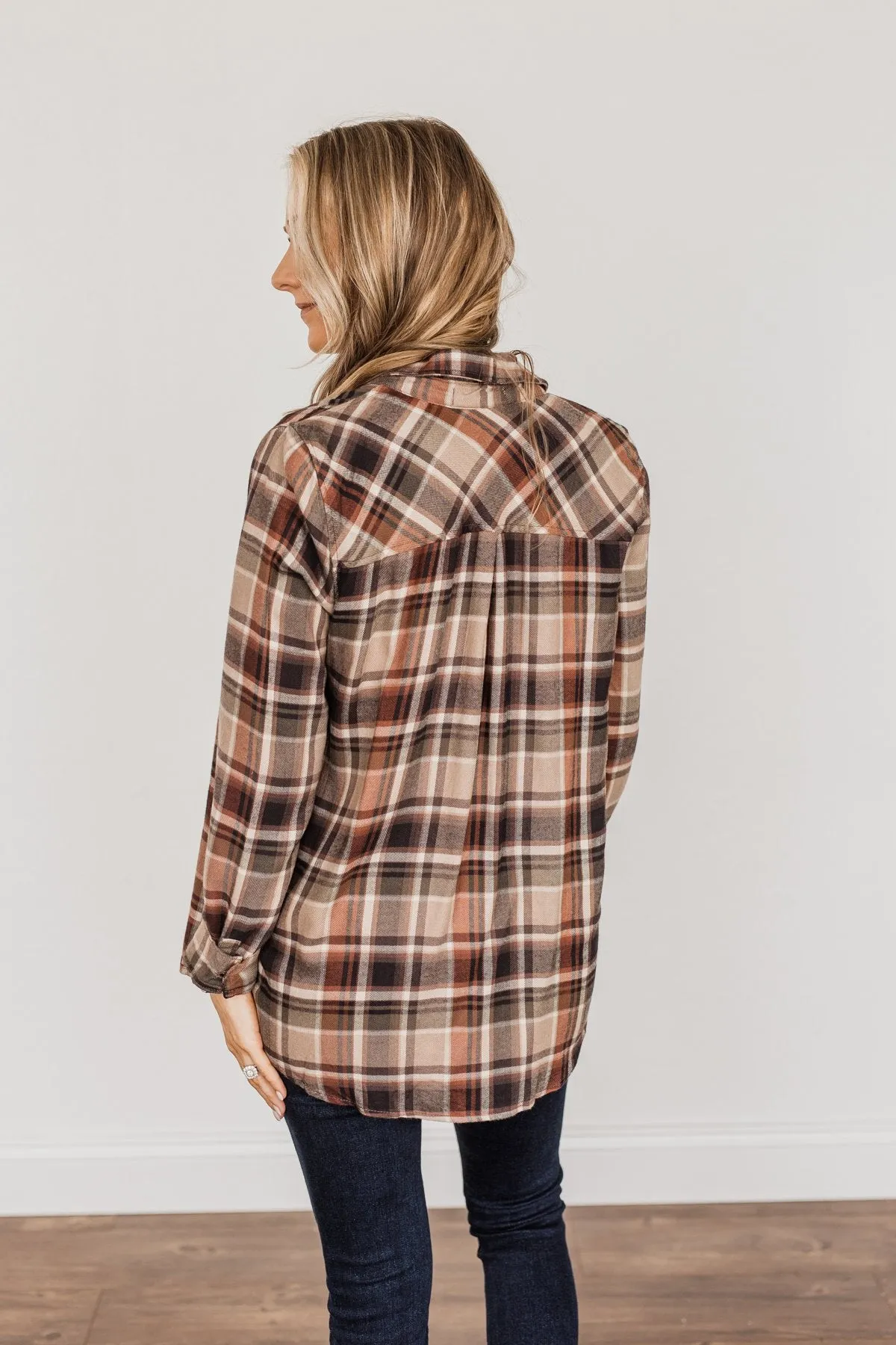 Off To The Orchard Button Down Plaid Top- Taupe & Maple