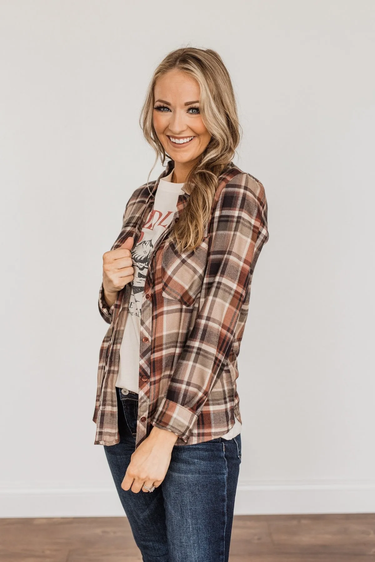 Off To The Orchard Button Down Plaid Top- Taupe & Maple