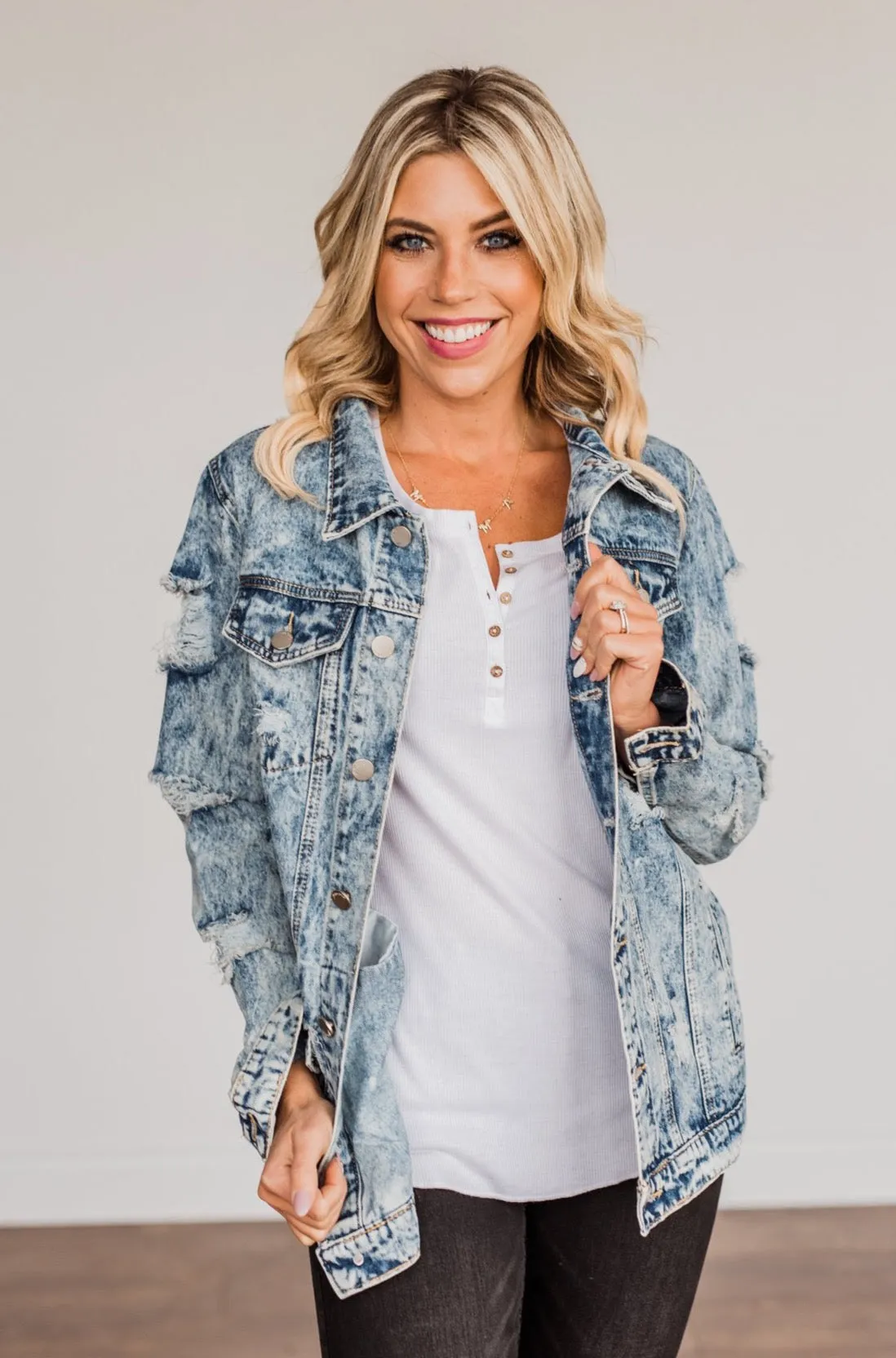 Old School Love Distressed Denim Jacket- Medium Acid Wash