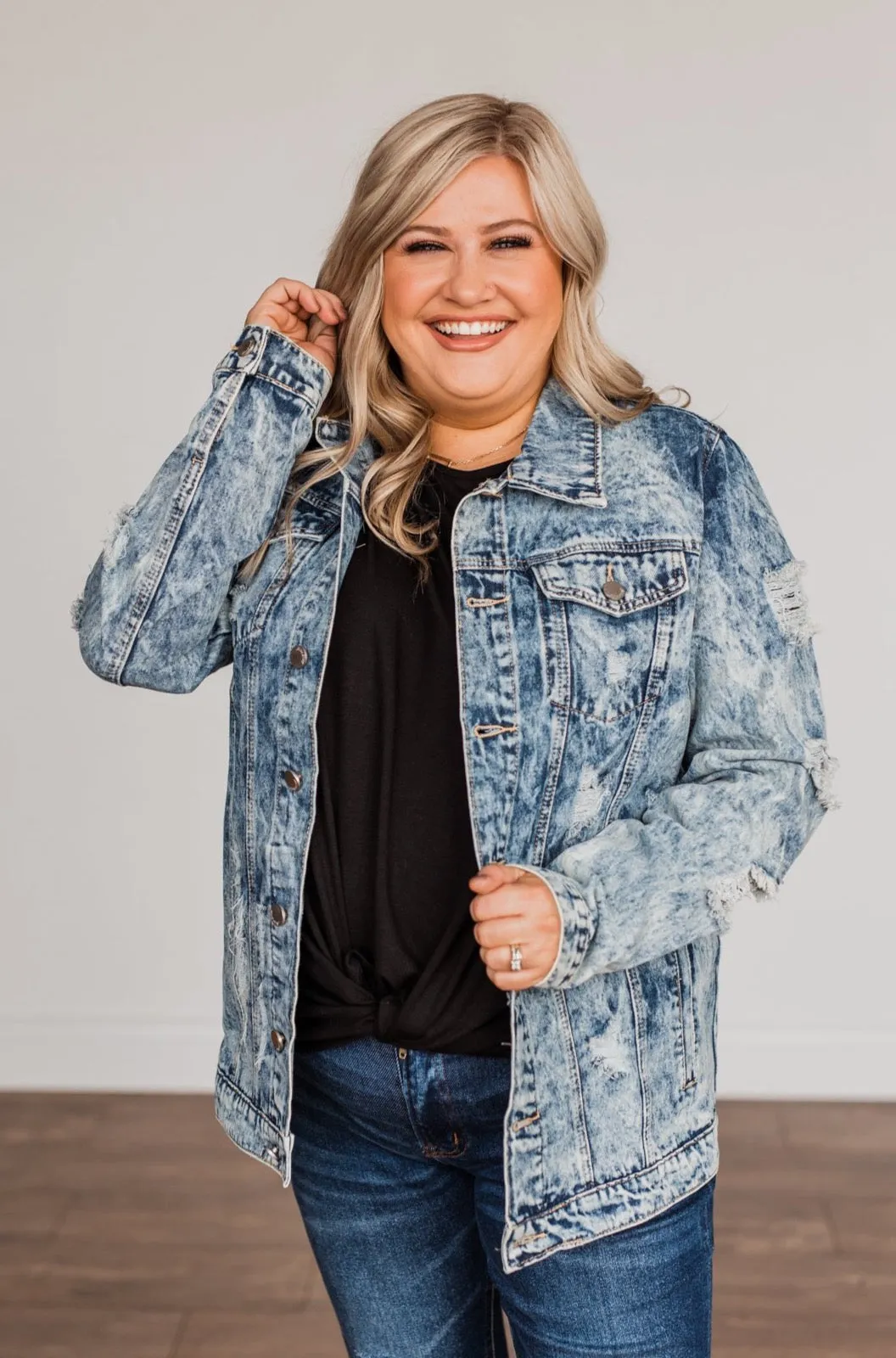Old School Love Distressed Denim Jacket- Medium Acid Wash