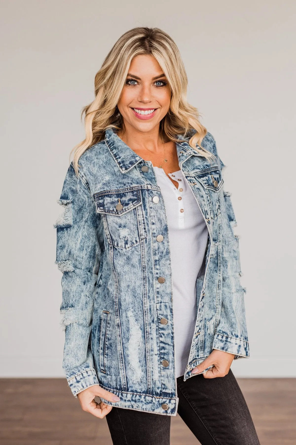 Old School Love Distressed Denim Jacket- Medium Acid Wash