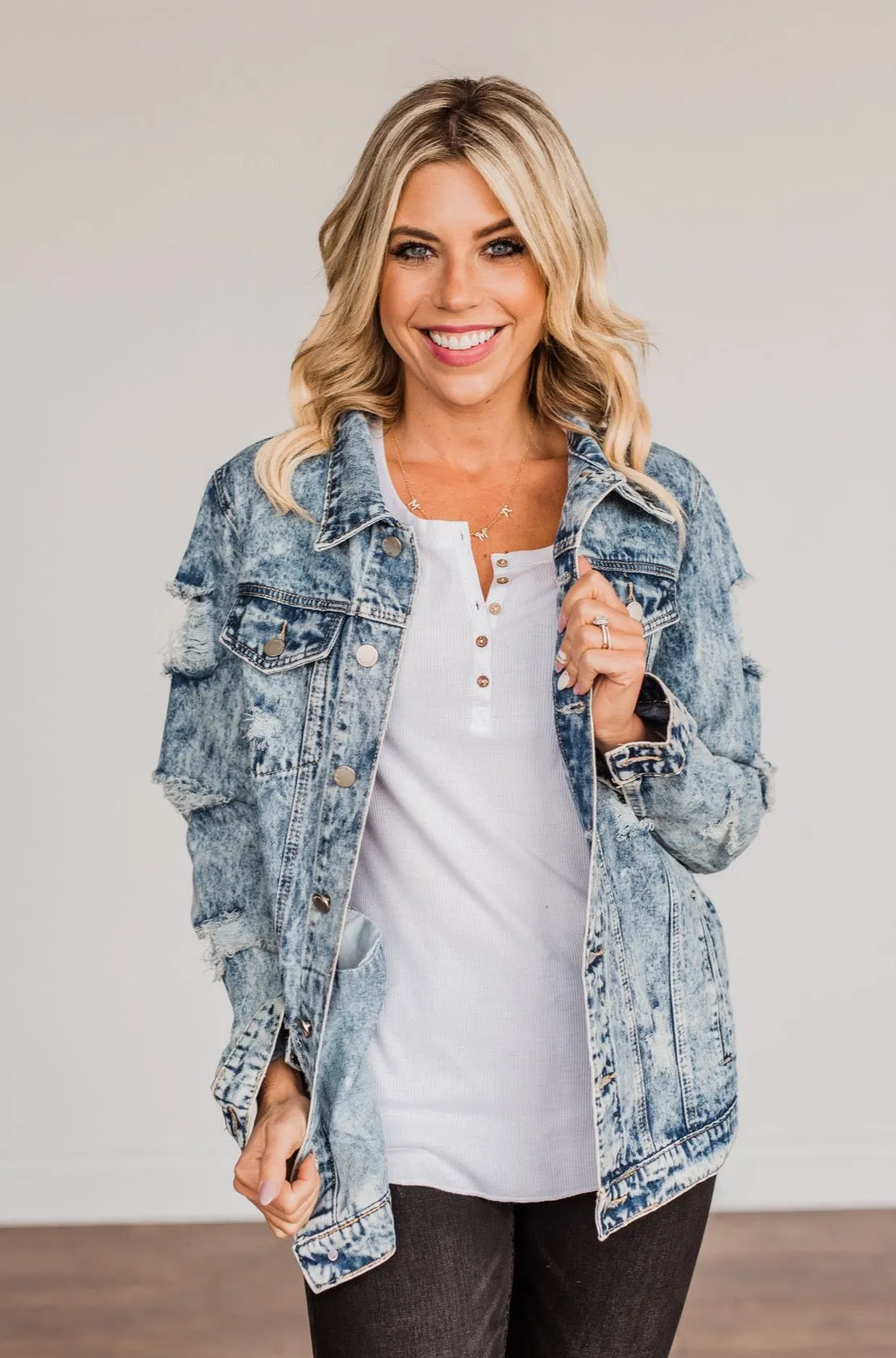 Old School Love Distressed Denim Jacket- Medium Acid Wash