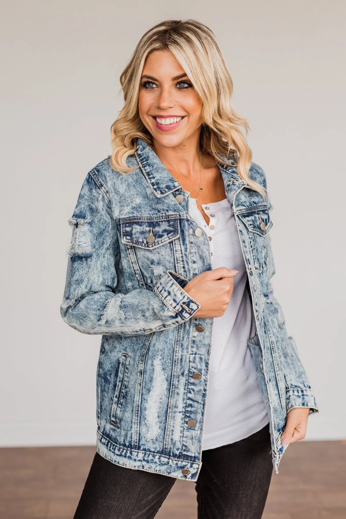 Old School Love Distressed Denim Jacket- Medium Acid Wash
