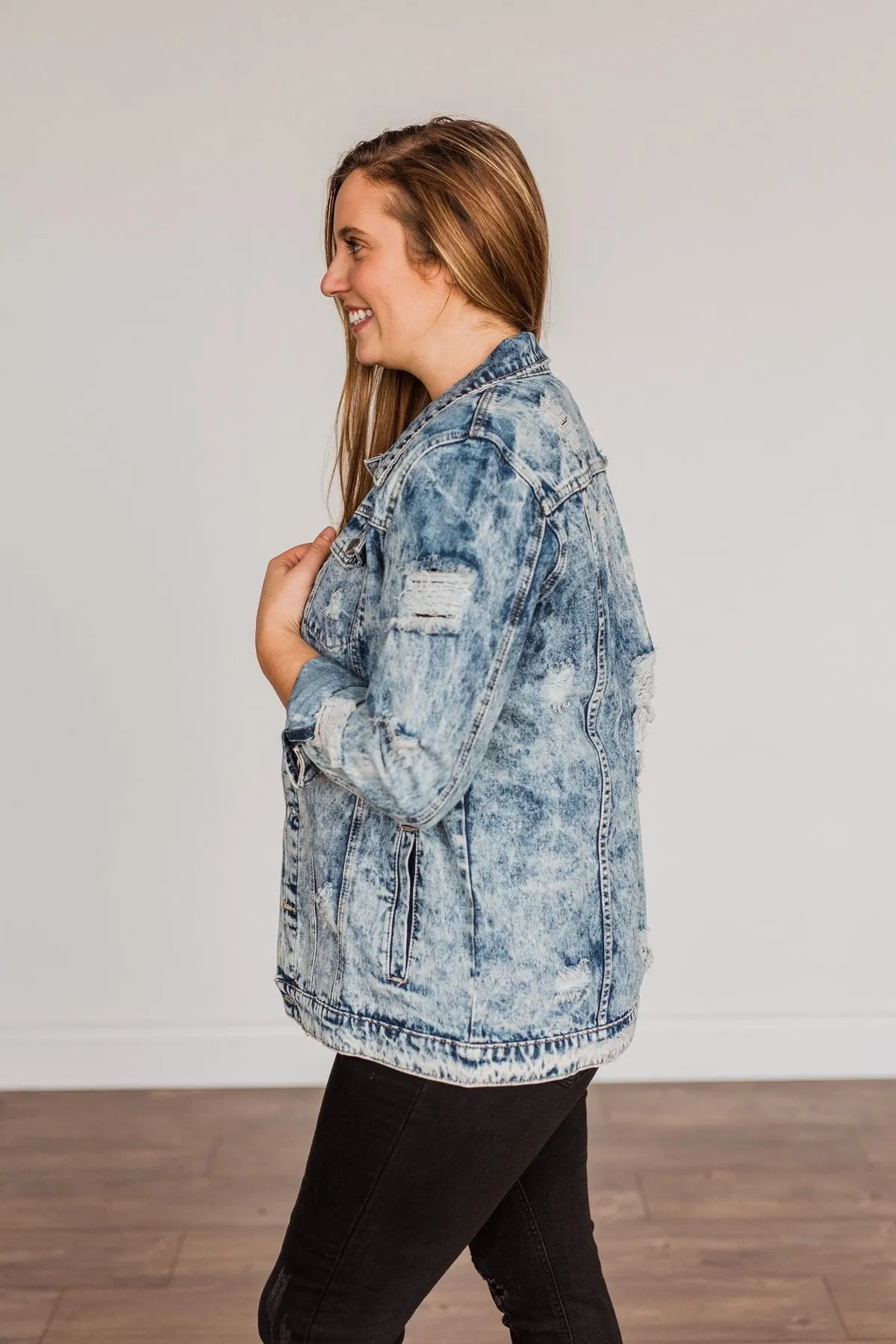 Old School Love Distressed Denim Jacket- Medium Acid Wash