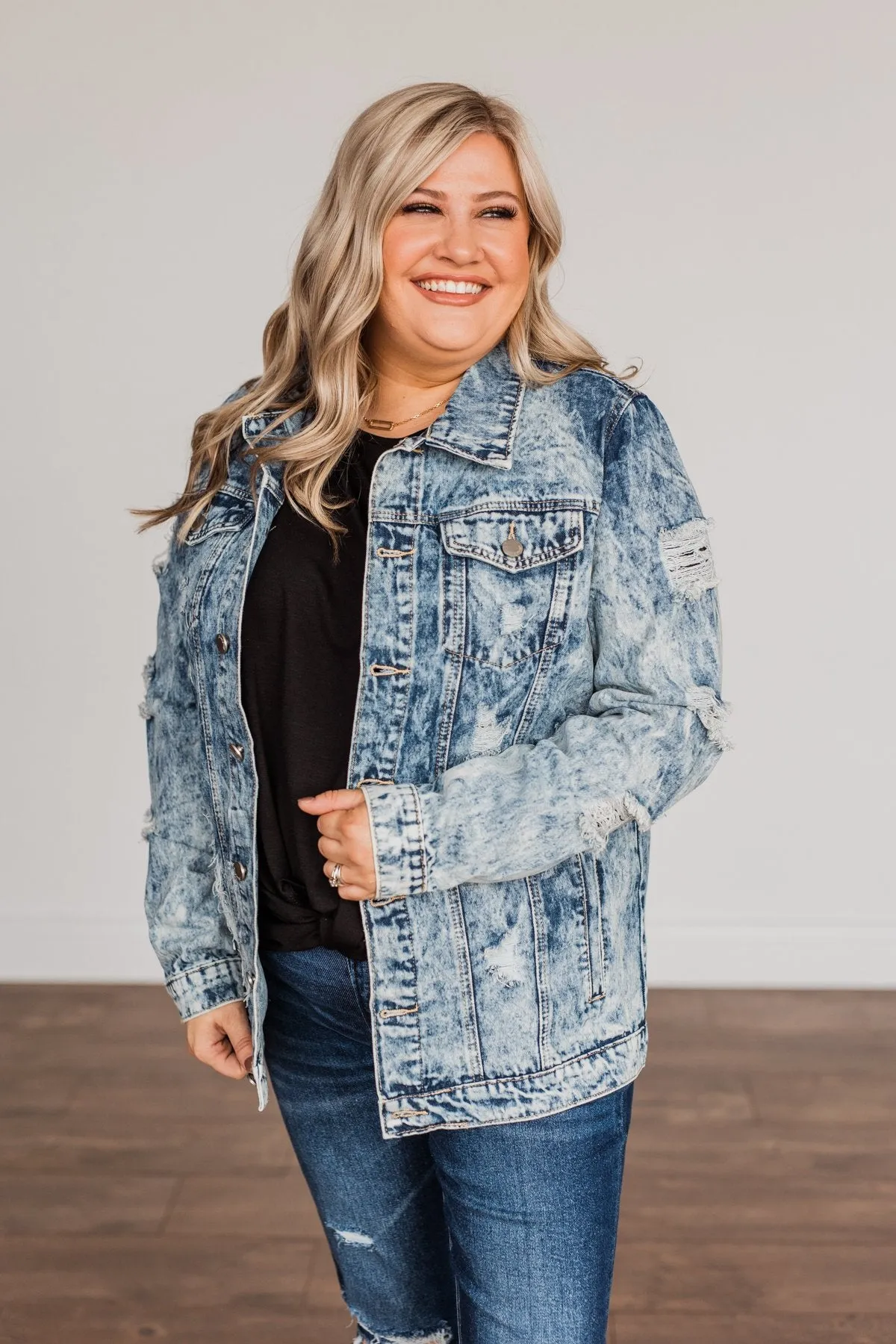 Old School Love Distressed Denim Jacket- Medium Acid Wash