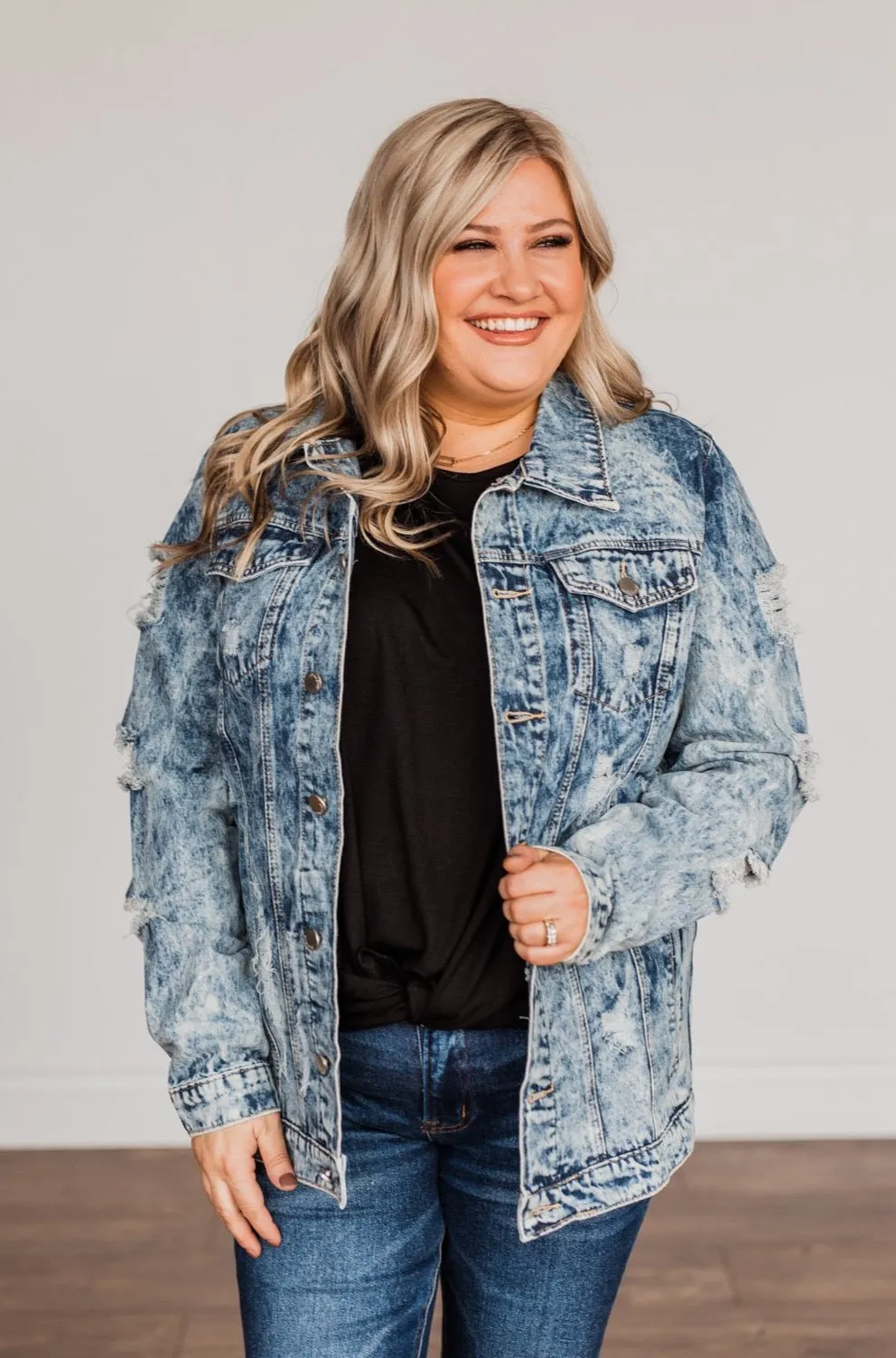 Old School Love Distressed Denim Jacket- Medium Acid Wash