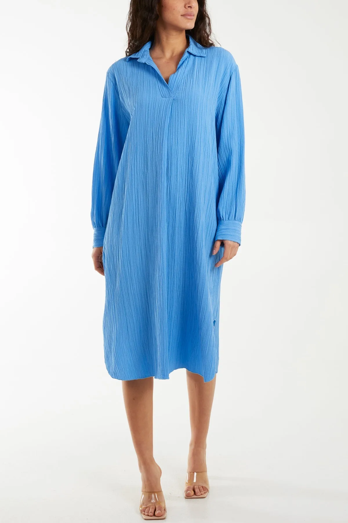 Open Collar Crinkle Midi Dress