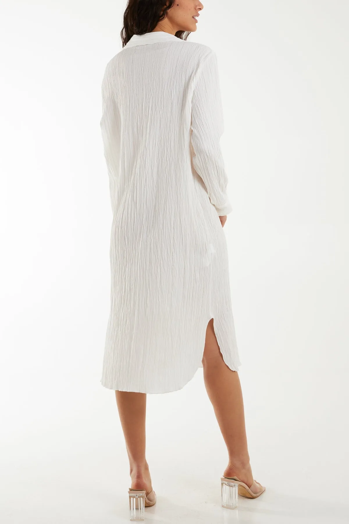 Open Collar Crinkle Midi Dress