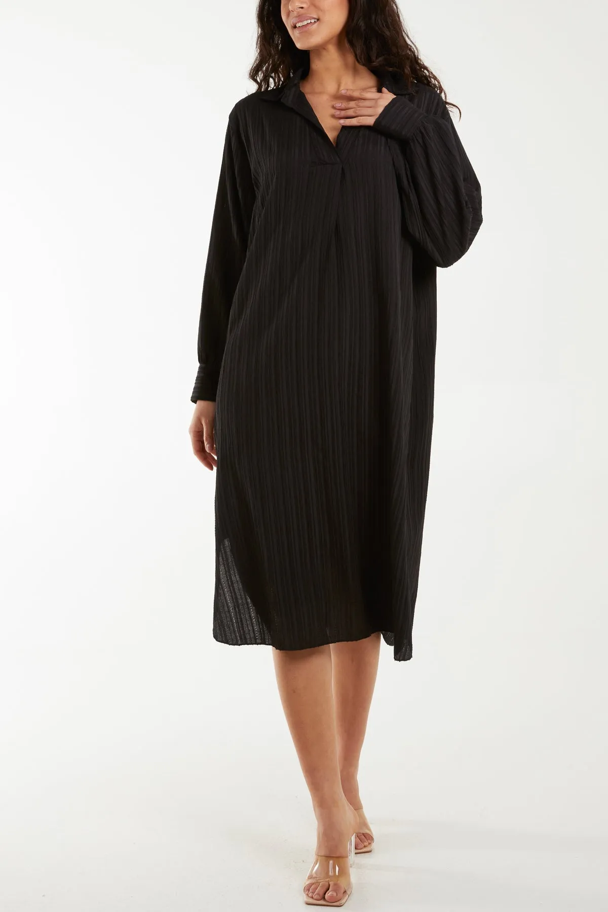 Open Collar Crinkle Midi Dress