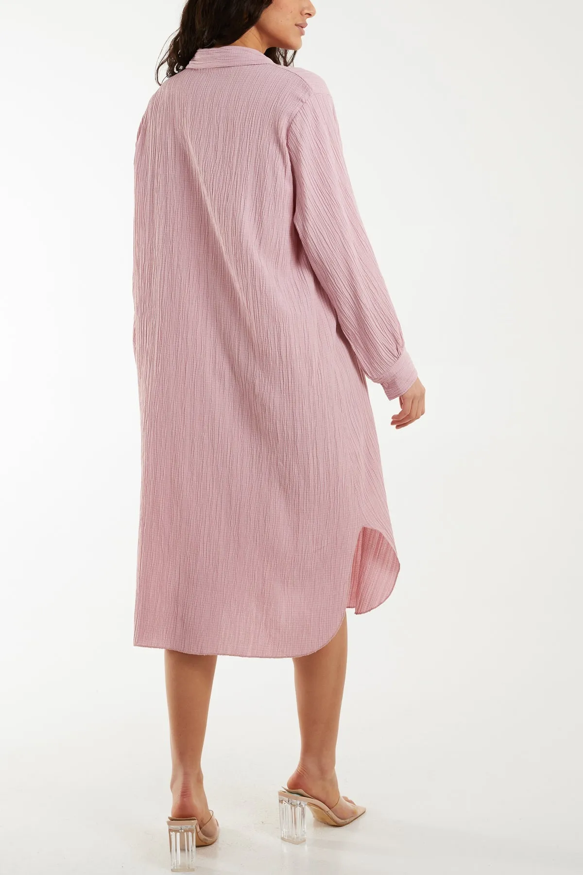 Open Collar Crinkle Midi Dress