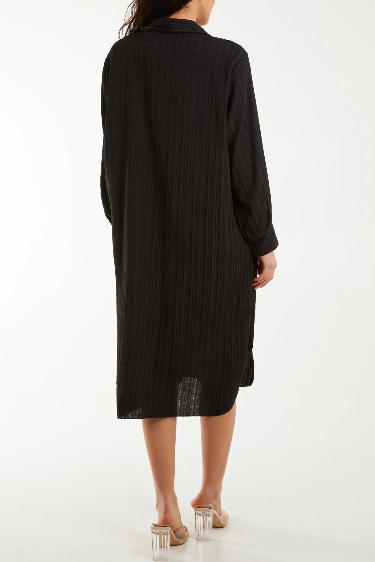 Open Collar Crinkle Midi Dress
