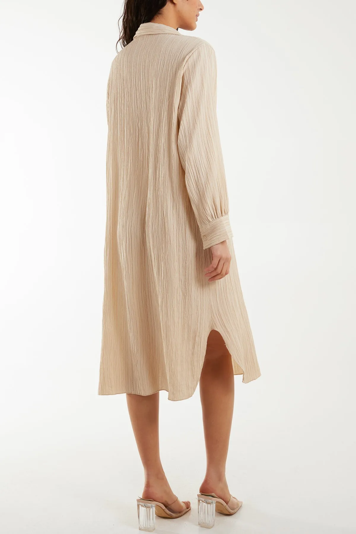 Open Collar Crinkle Midi Dress