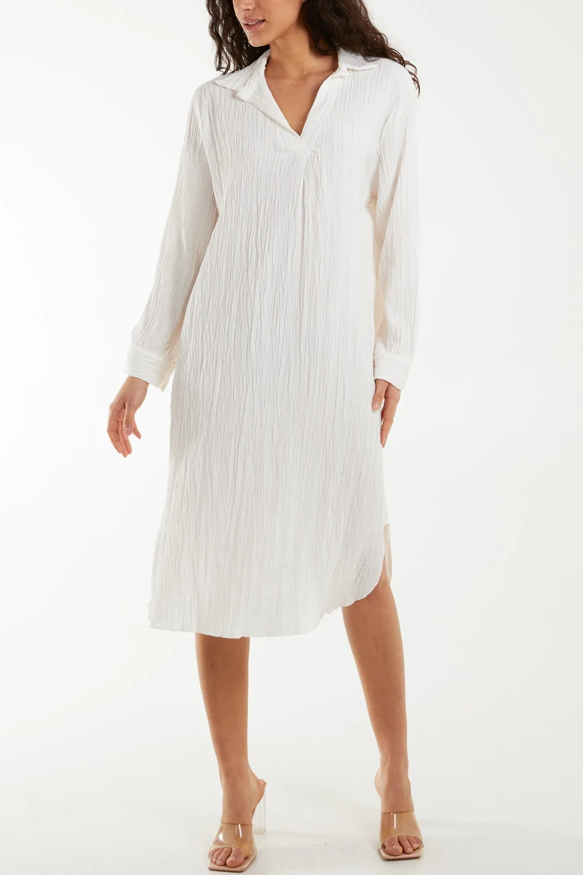 Open Collar Crinkle Midi Dress