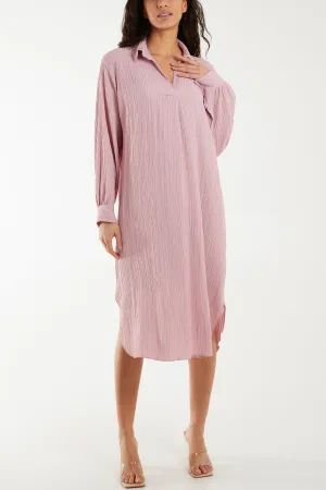 Open Collar Crinkle Midi Dress