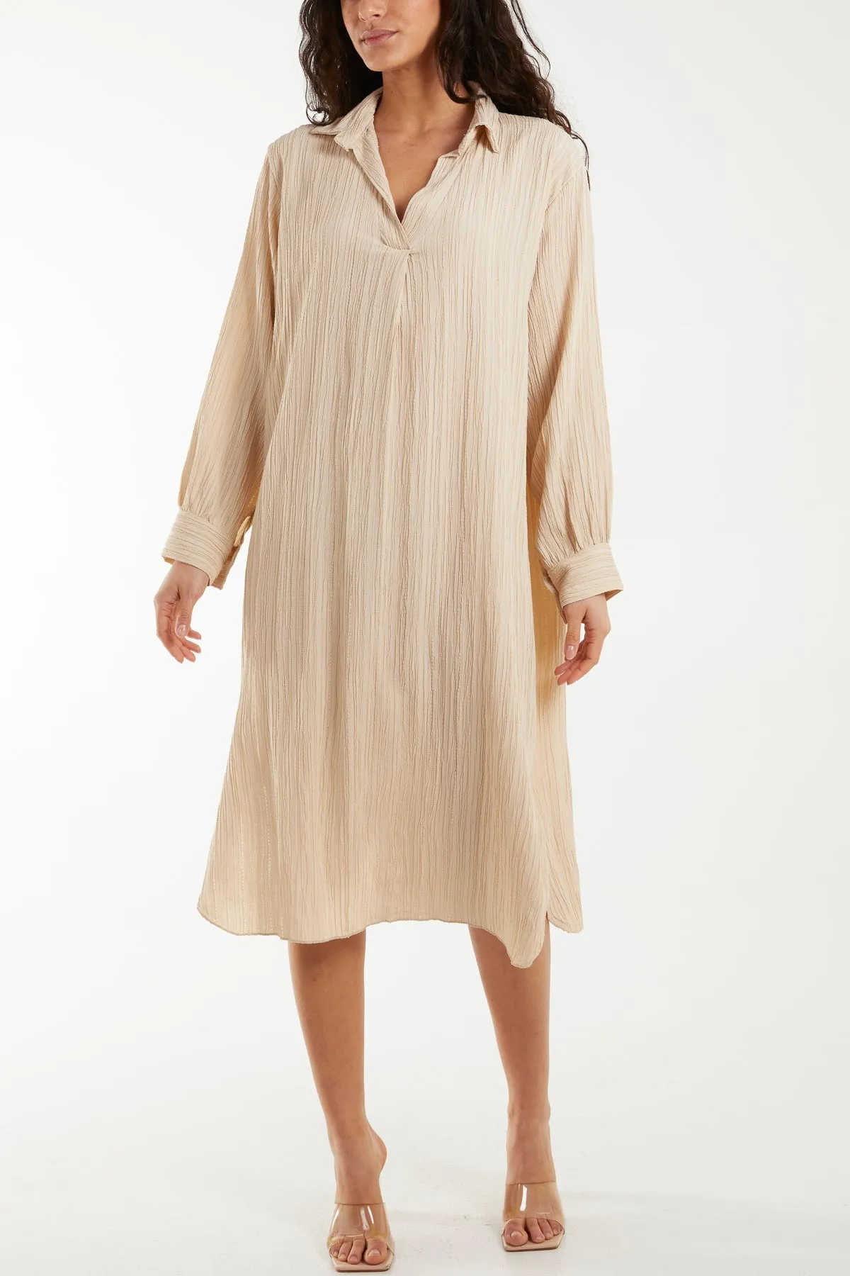 Open Collar Crinkle Midi Dress