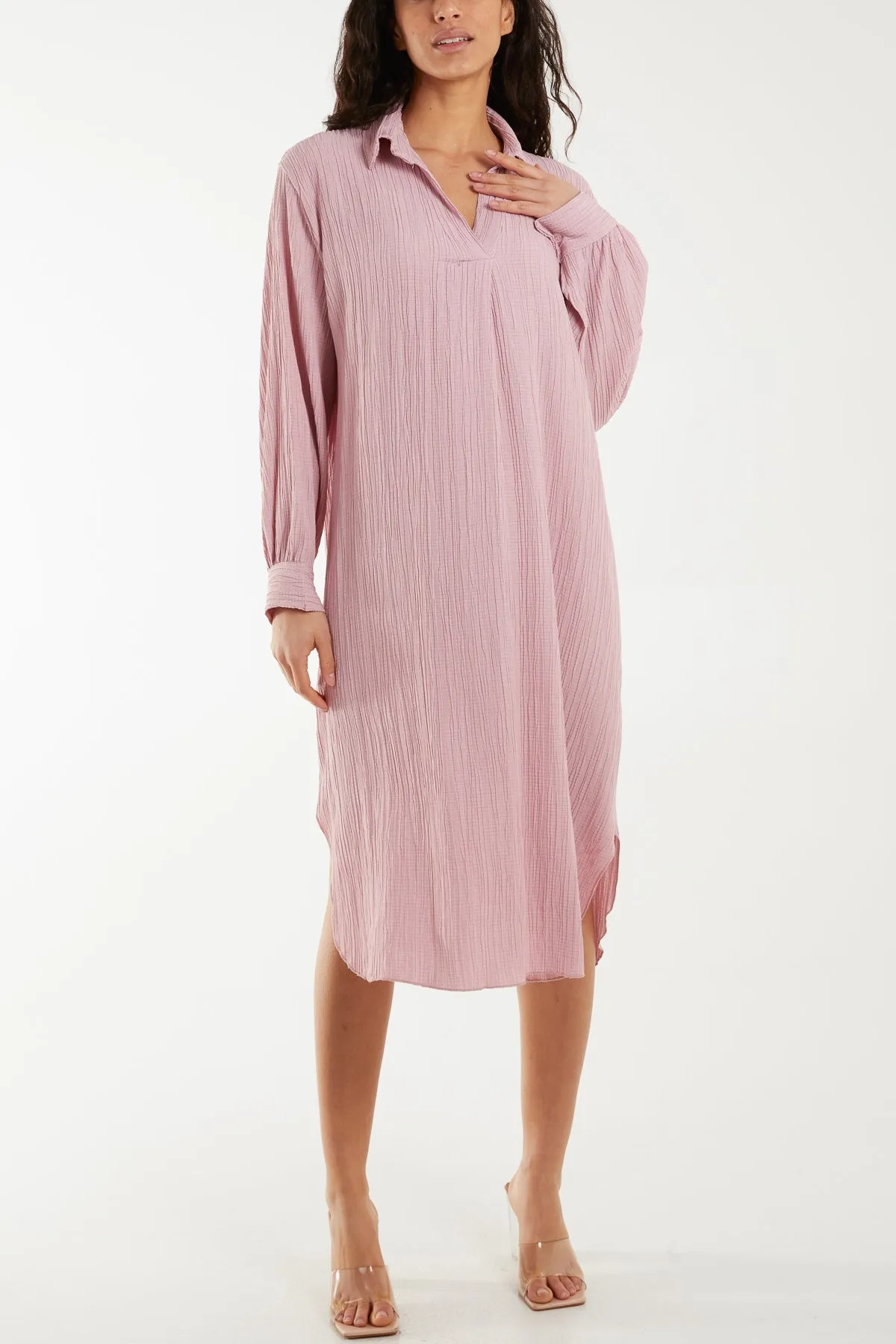 Open Collar Crinkle Midi Dress