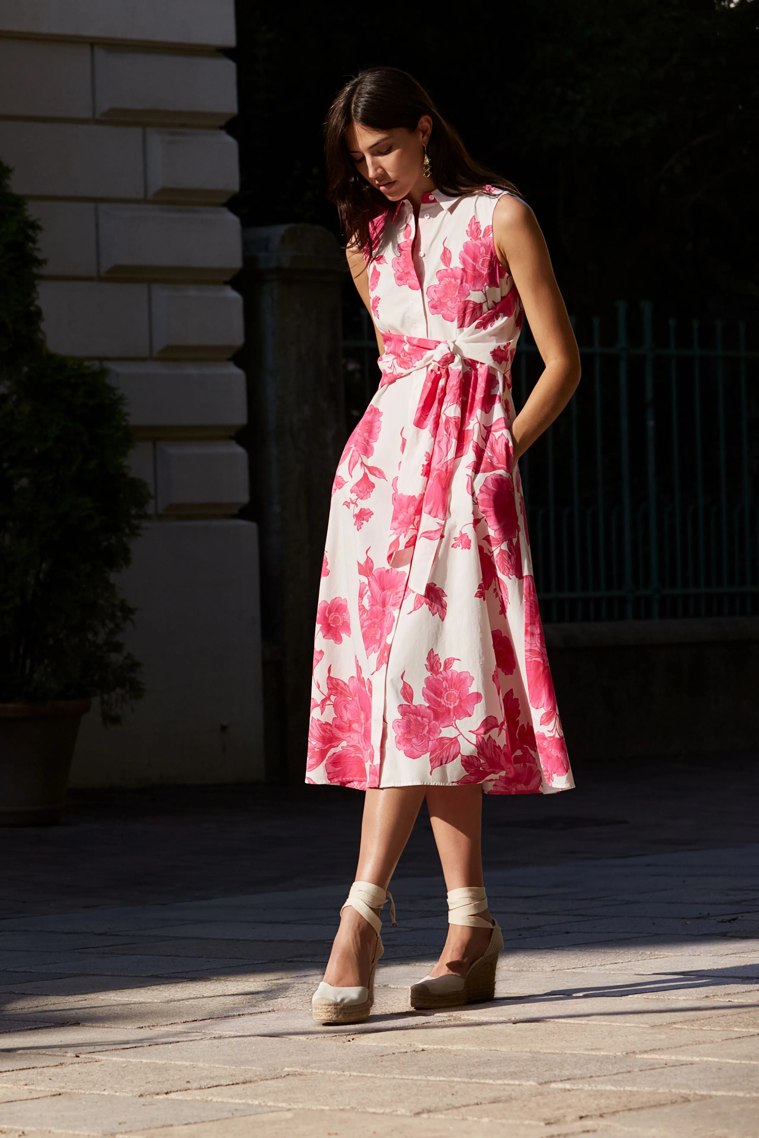 Oui Pink & White Tie Belted Floral Maxi Dress