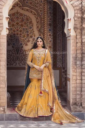 Pakistani Bridal Mehndi Gharara in Yellow Color #BN1011