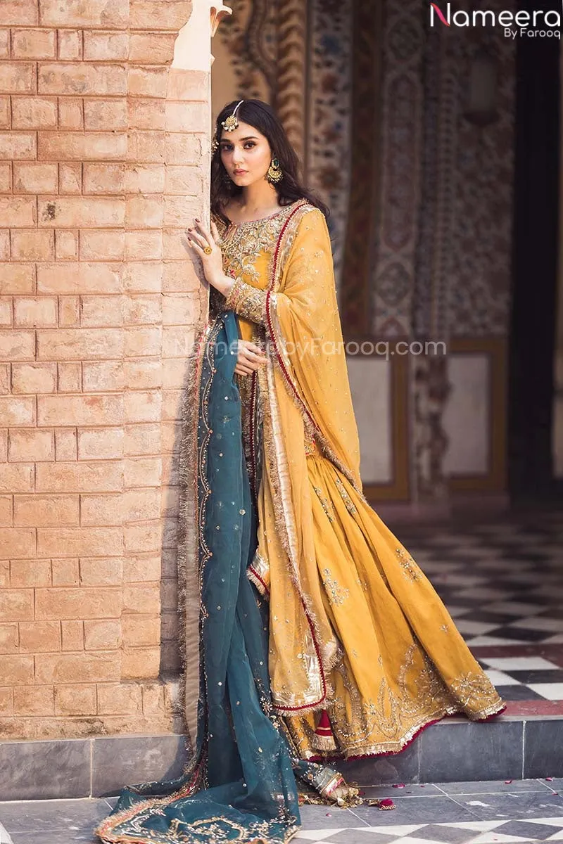 Pakistani Bridal Mehndi Gharara in Yellow Color #BN1011