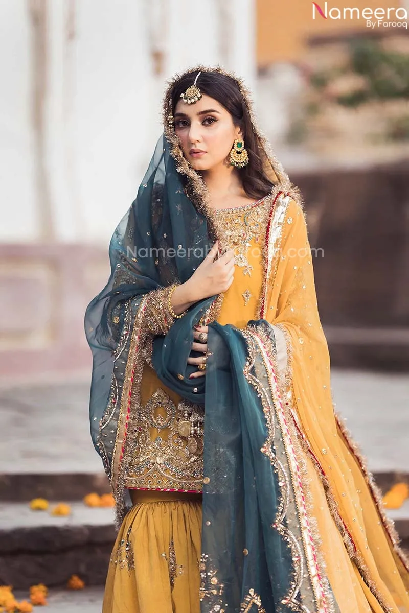 Pakistani Bridal Mehndi Gharara in Yellow Color #BN1011