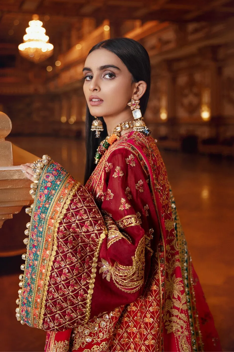 Pakistani Gota Embroidered Suit in Red Color #Y6242
