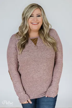 Perfect Pair Button & Elbow Patch Top- Heathered Mauve