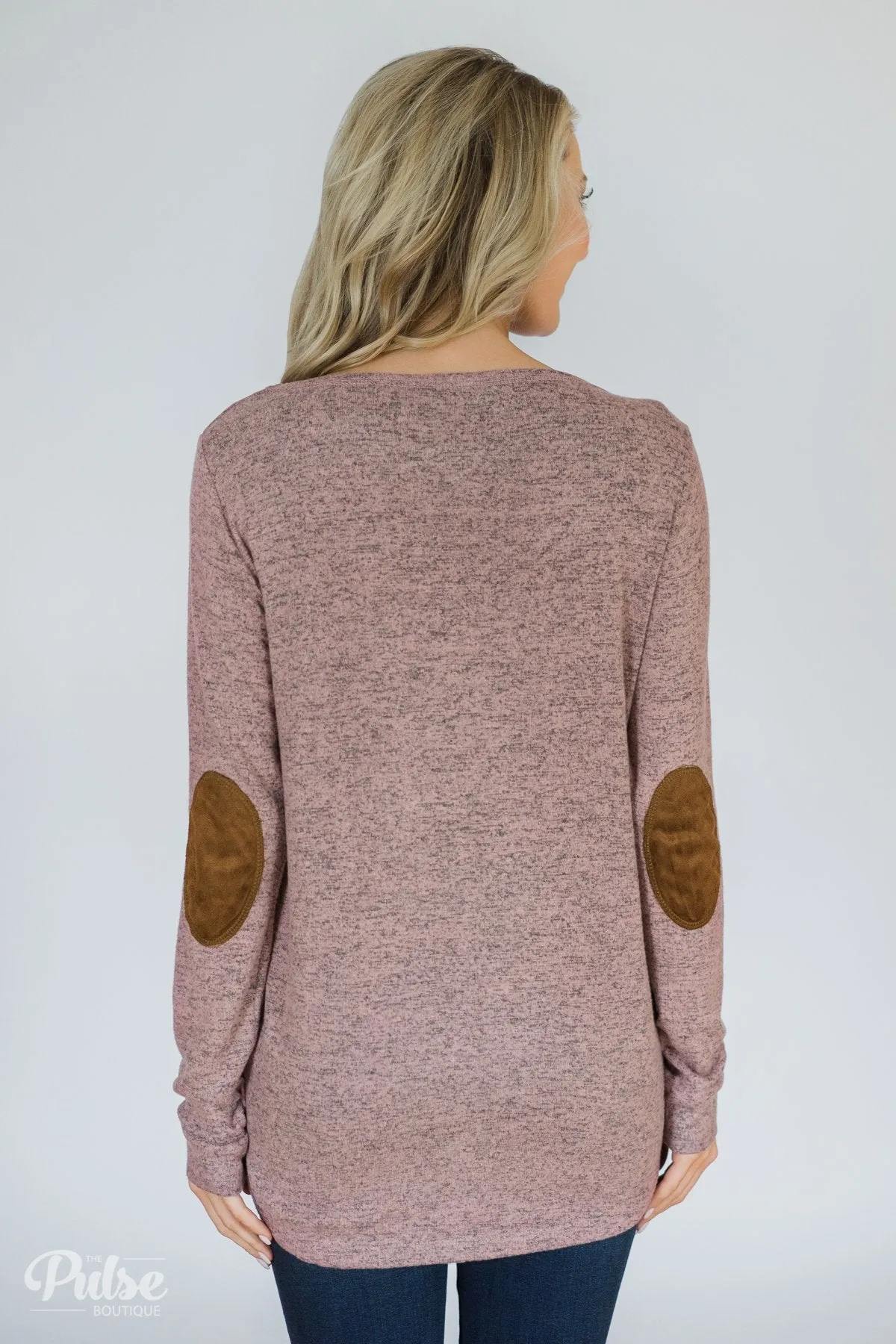 Perfect Pair Button & Elbow Patch Top- Heathered Mauve
