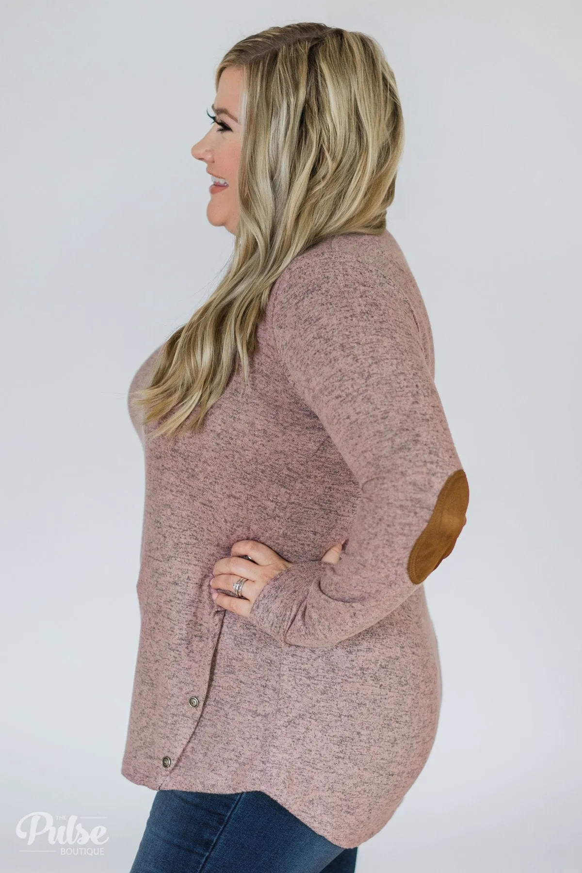 Perfect Pair Button & Elbow Patch Top- Heathered Mauve