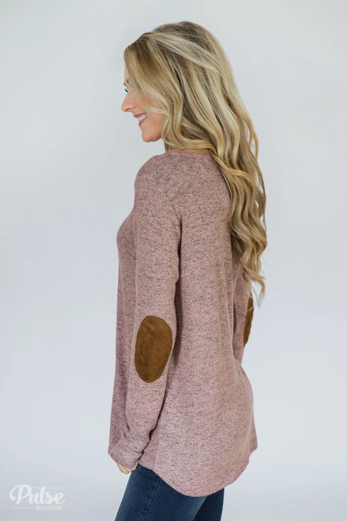 Perfect Pair Button & Elbow Patch Top- Heathered Mauve