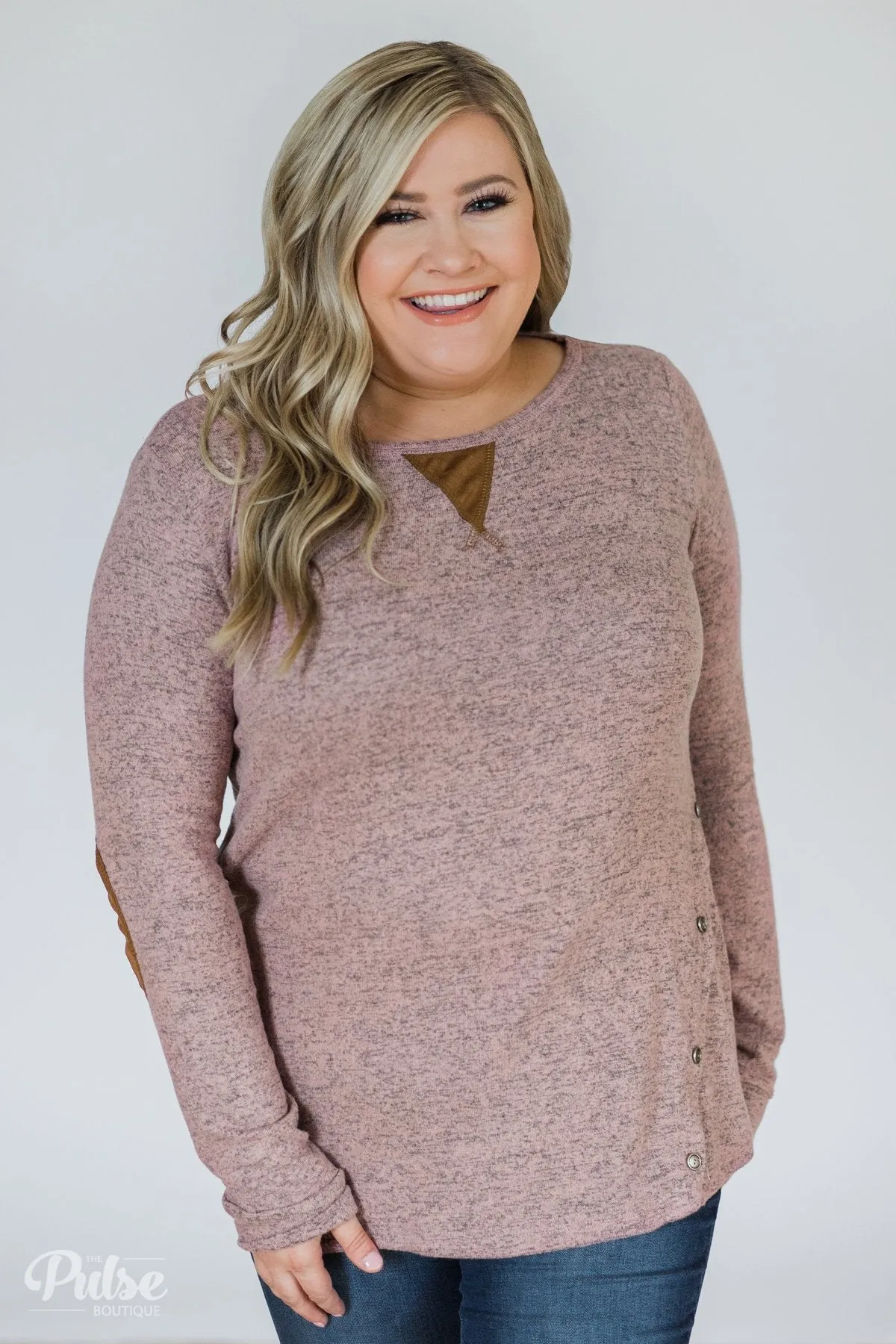 Perfect Pair Button & Elbow Patch Top- Heathered Mauve