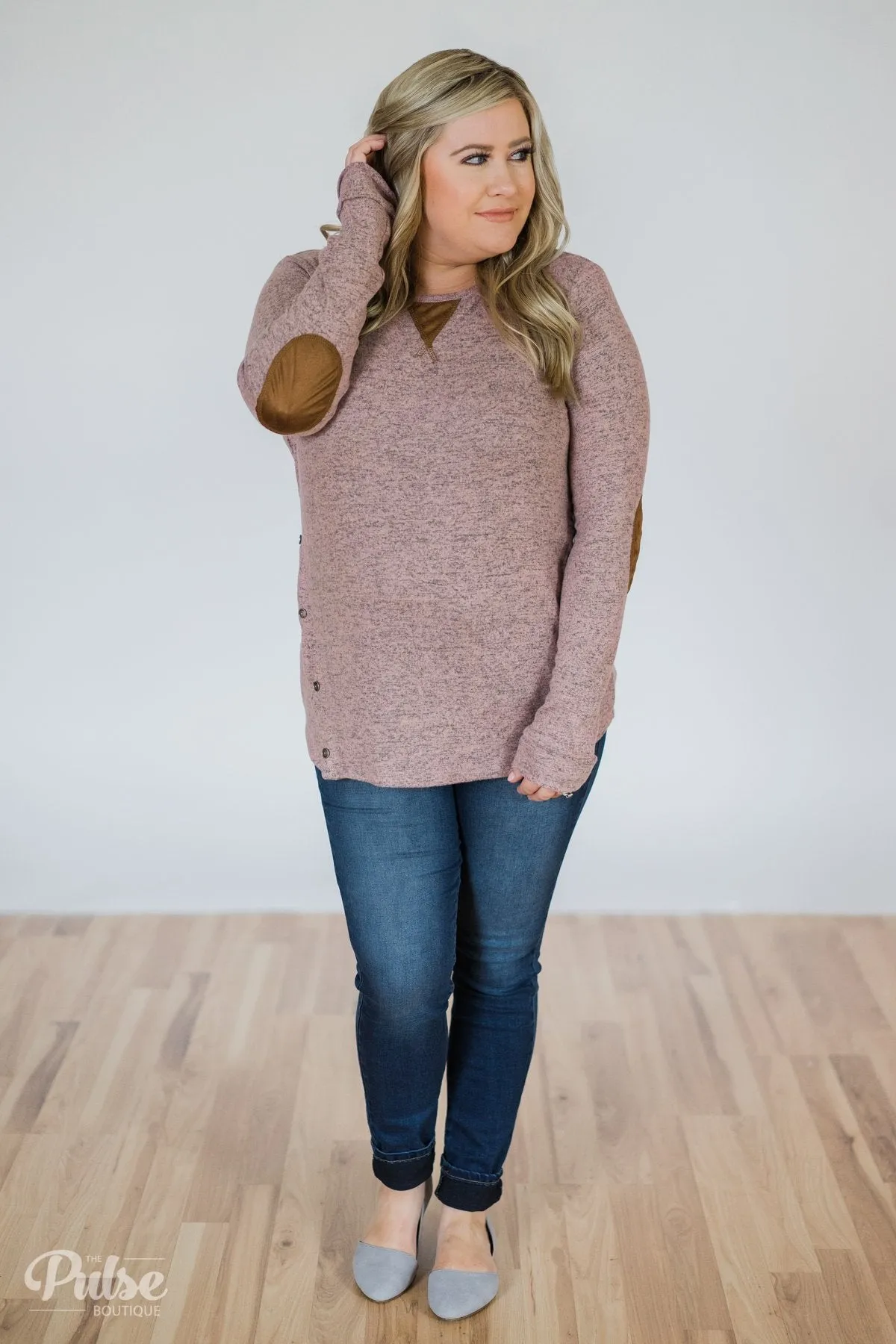 Perfect Pair Button & Elbow Patch Top- Heathered Mauve
