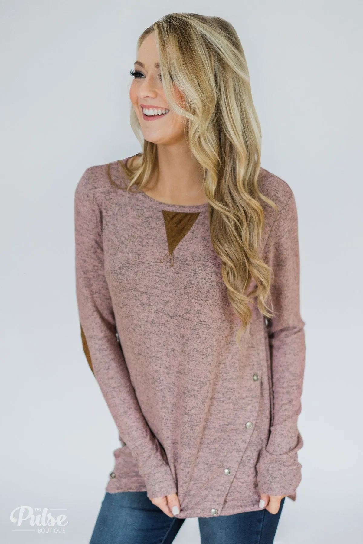 Perfect Pair Button & Elbow Patch Top- Heathered Mauve