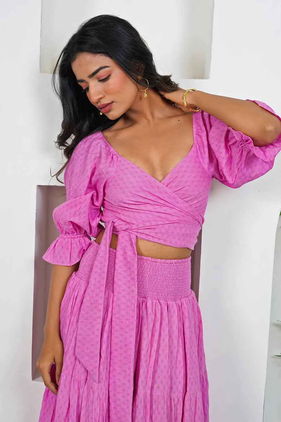 Pink Smocked Crop Top & Skirt Co-Ord Set