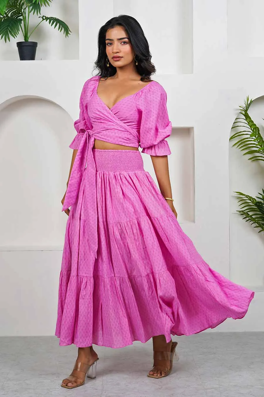 Pink Smocked Crop Top & Skirt Co-Ord Set