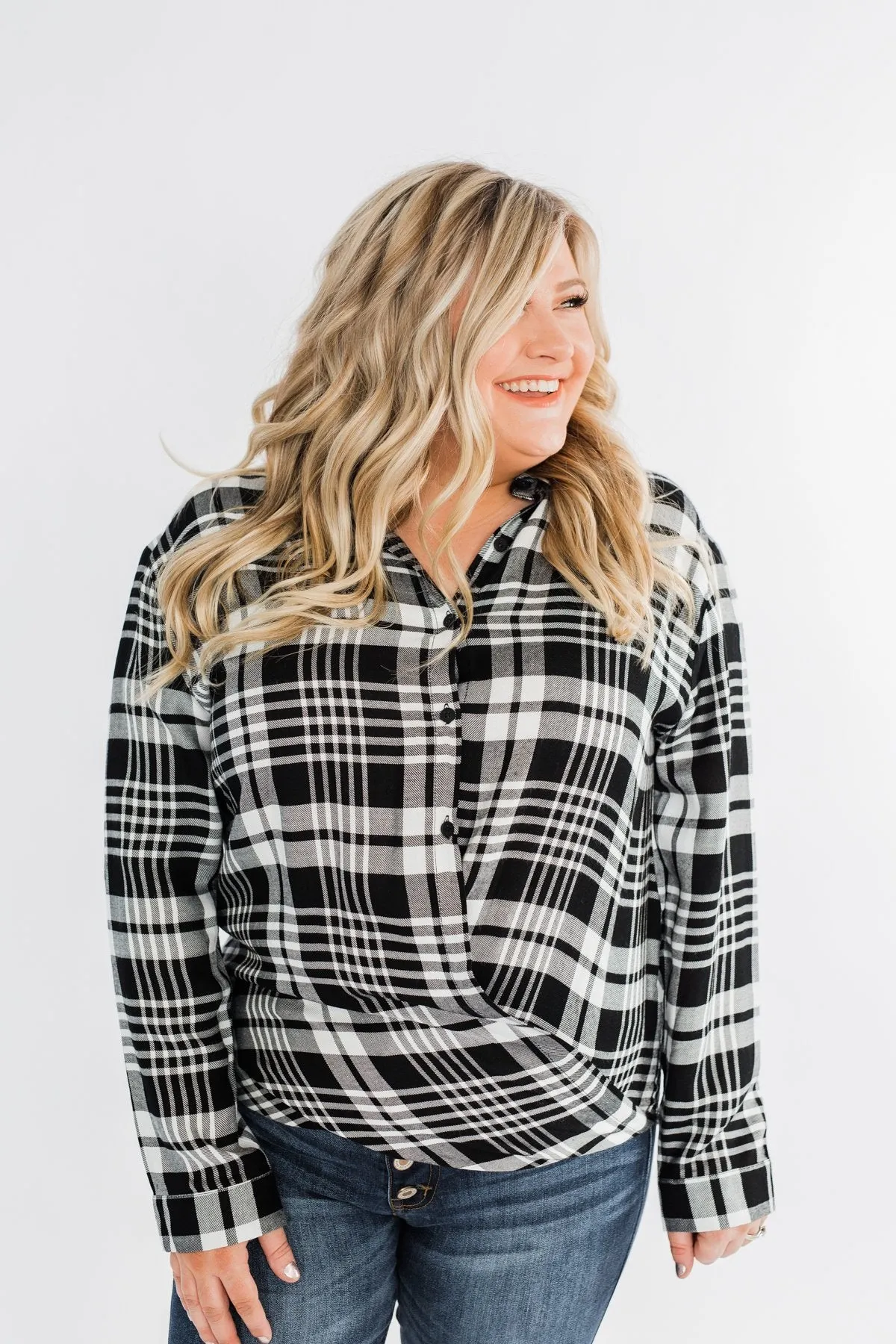 Plaid Button Down Twist Top- Black